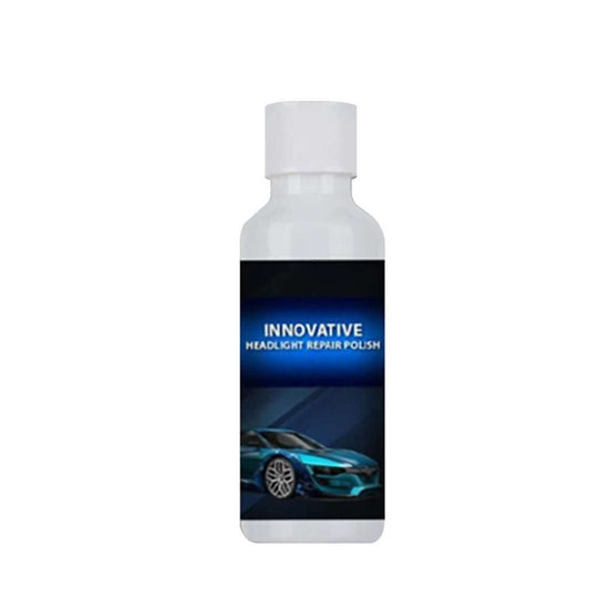 Car headlight repair fluid in a bottle, effective for scratches, yellowing, and oxidation removal.