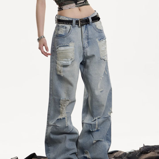 American Retro Washed Make Old Ripped Jeans Women&