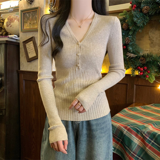 Waist-tight Slimming V-neckline Long-sleeved Women&