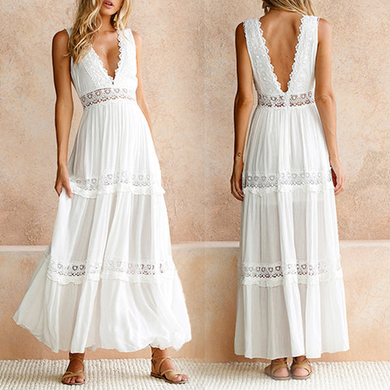 Fashion Lace V-neck Temperament Commute Lace Mid Waist Temperament V-neck Mid-length Dress