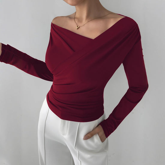 European And American Solid Color Fashion Shoulder Collar Shoulder-baring Slimming Long Sleeve Commuter Top